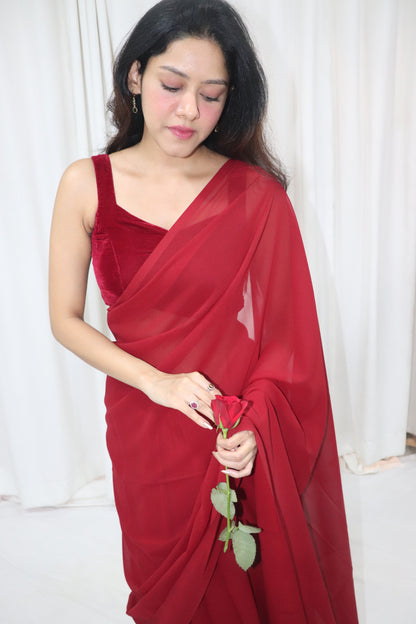 Gulab Saree- maroon georgette saree with velvet sleeveless blouse